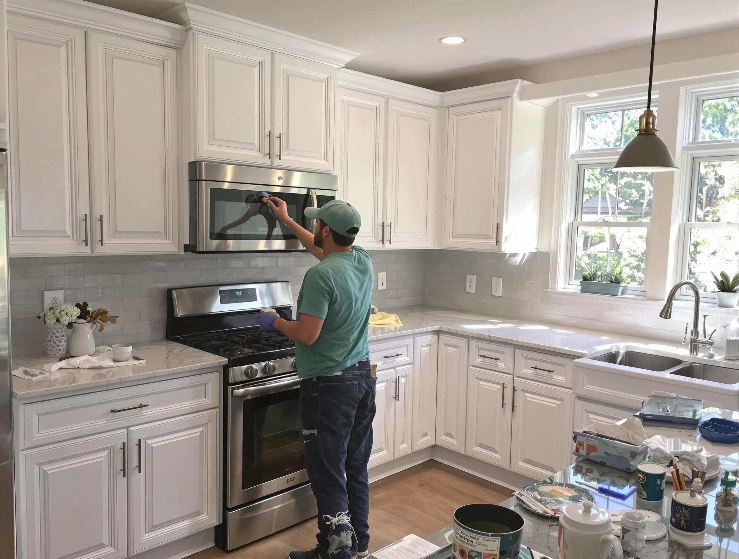 Kitchen cabinets being refinished by Glendale House Painters in Glendale, AZ