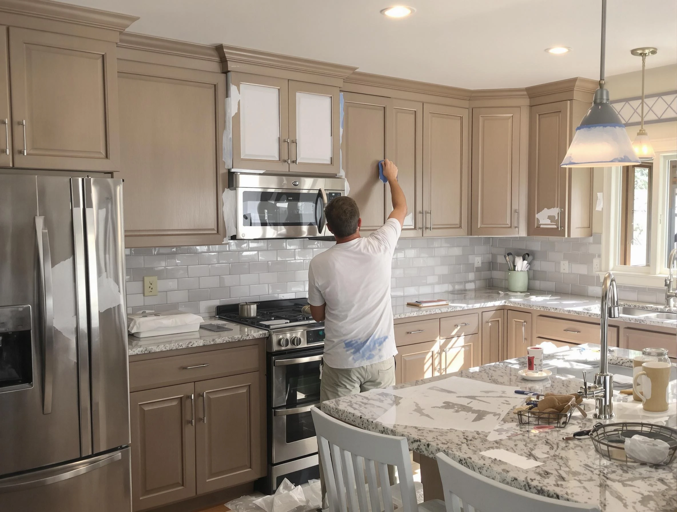 Before-and-after view of kitchen painting by Glendale House Painters in Glendale